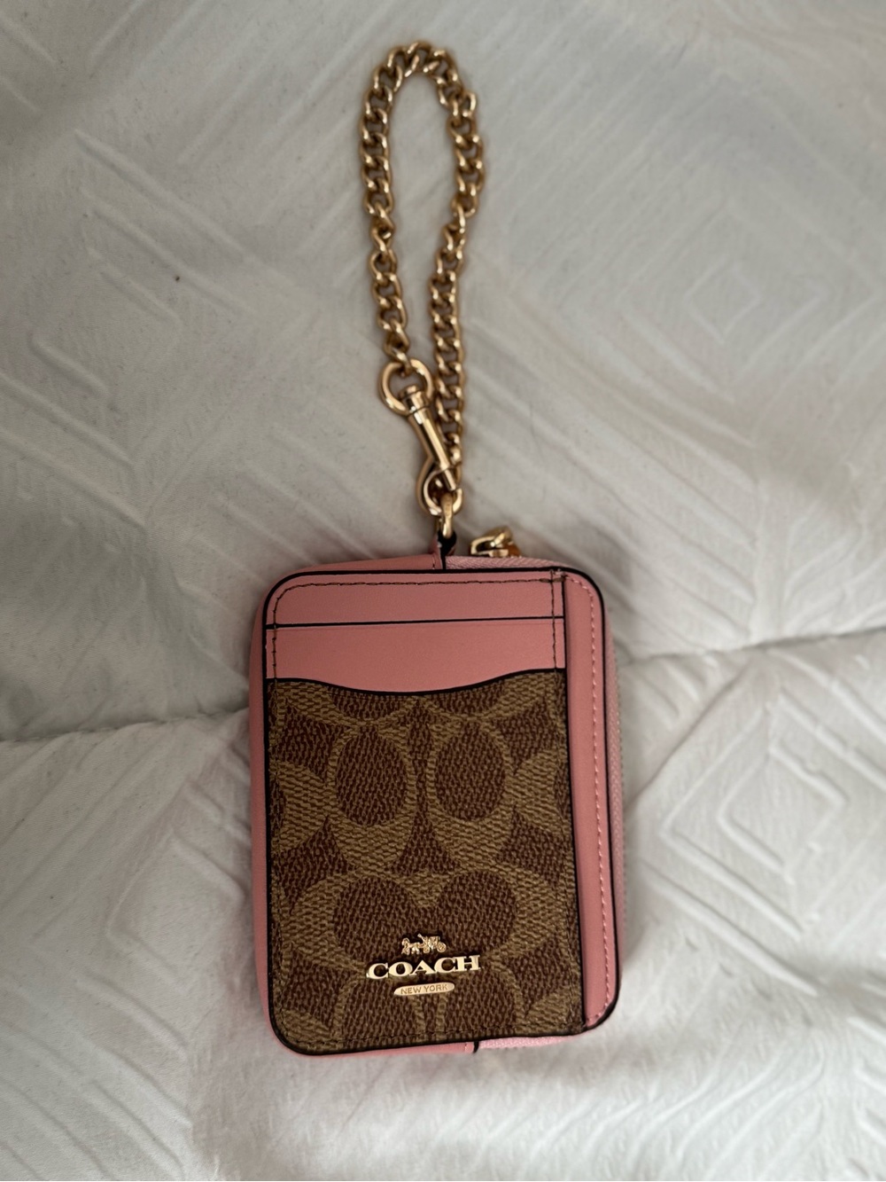 COACH Pink and Brown Signature Card Case Wristlet with Gold Chain